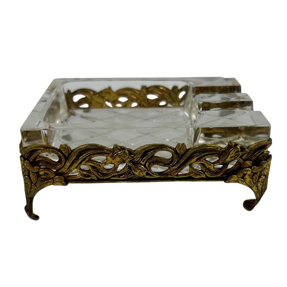 2 Vintage Glass Crystal And Gold Toned Metal Ashtrays Hollywood Regency Style - Picture 6 of 9